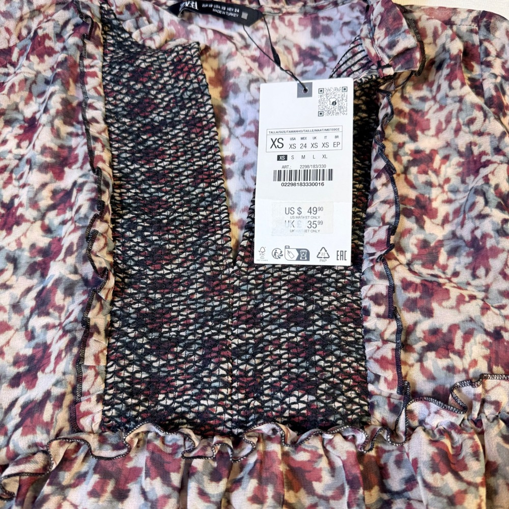 Zara XS Floral Babydoll Mini Dress Boho Cottagecore Smocked Tier  Festival fairy - Picture 12 of 16